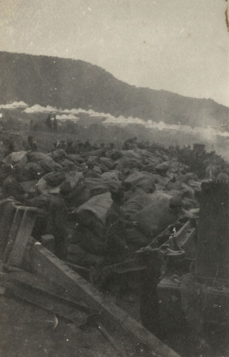 The kits of dead men after the August offensive, Gallipoli, 1915. In the background is Walker's Ridge leading up to Russell Top